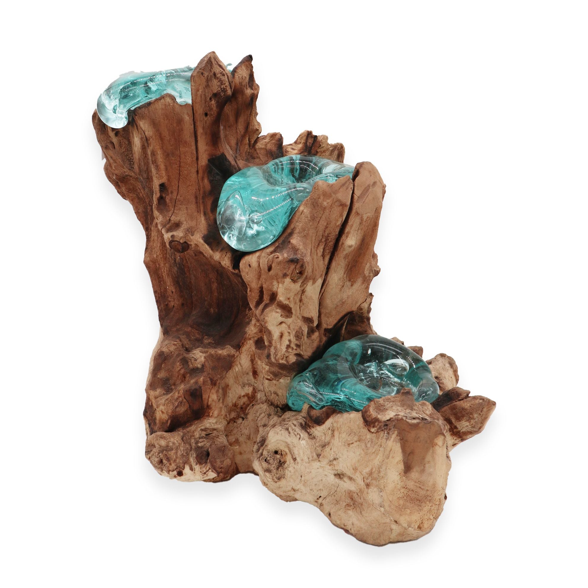 Bougeoir Triple en Verre Fondu sur Bois de Gamal - Karmic Artisan