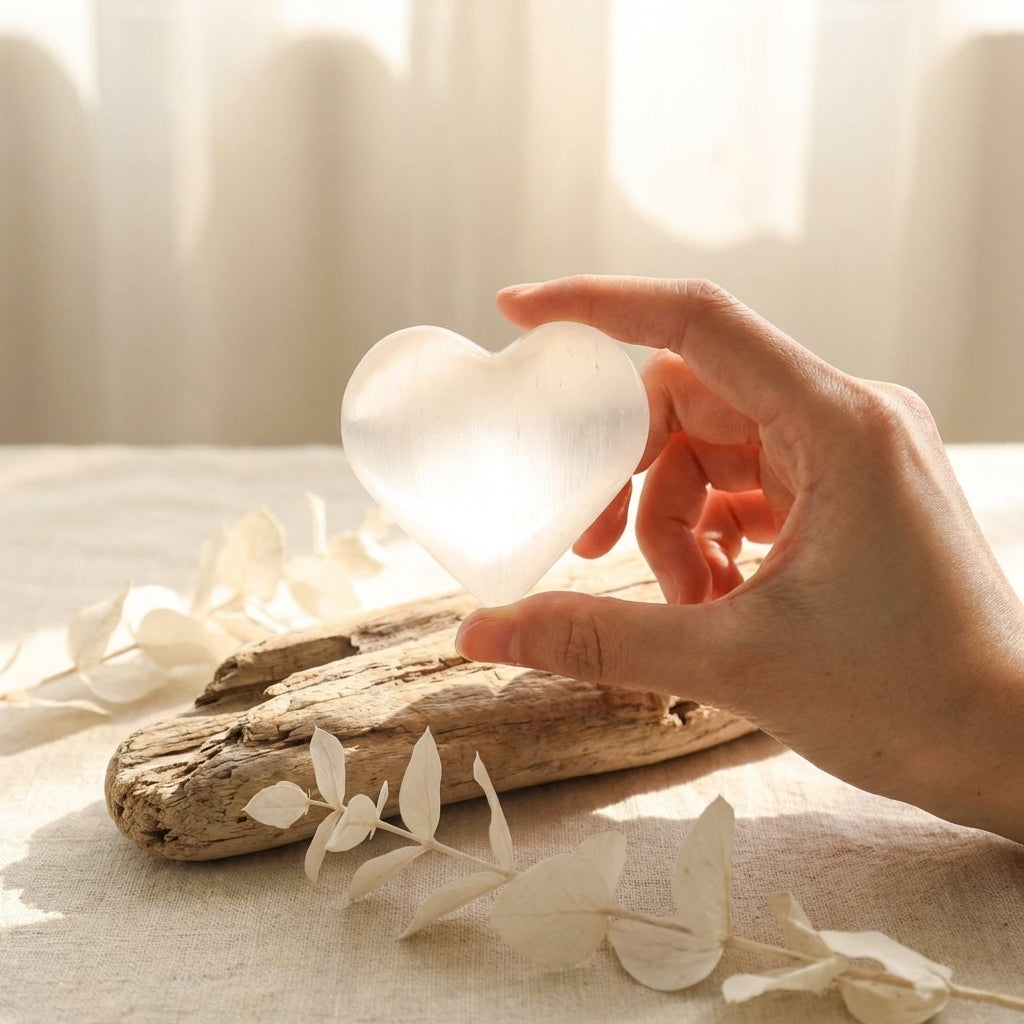 Cœur en sélénite naturelle 7–8 cm – Pierre décorative blanche translucide