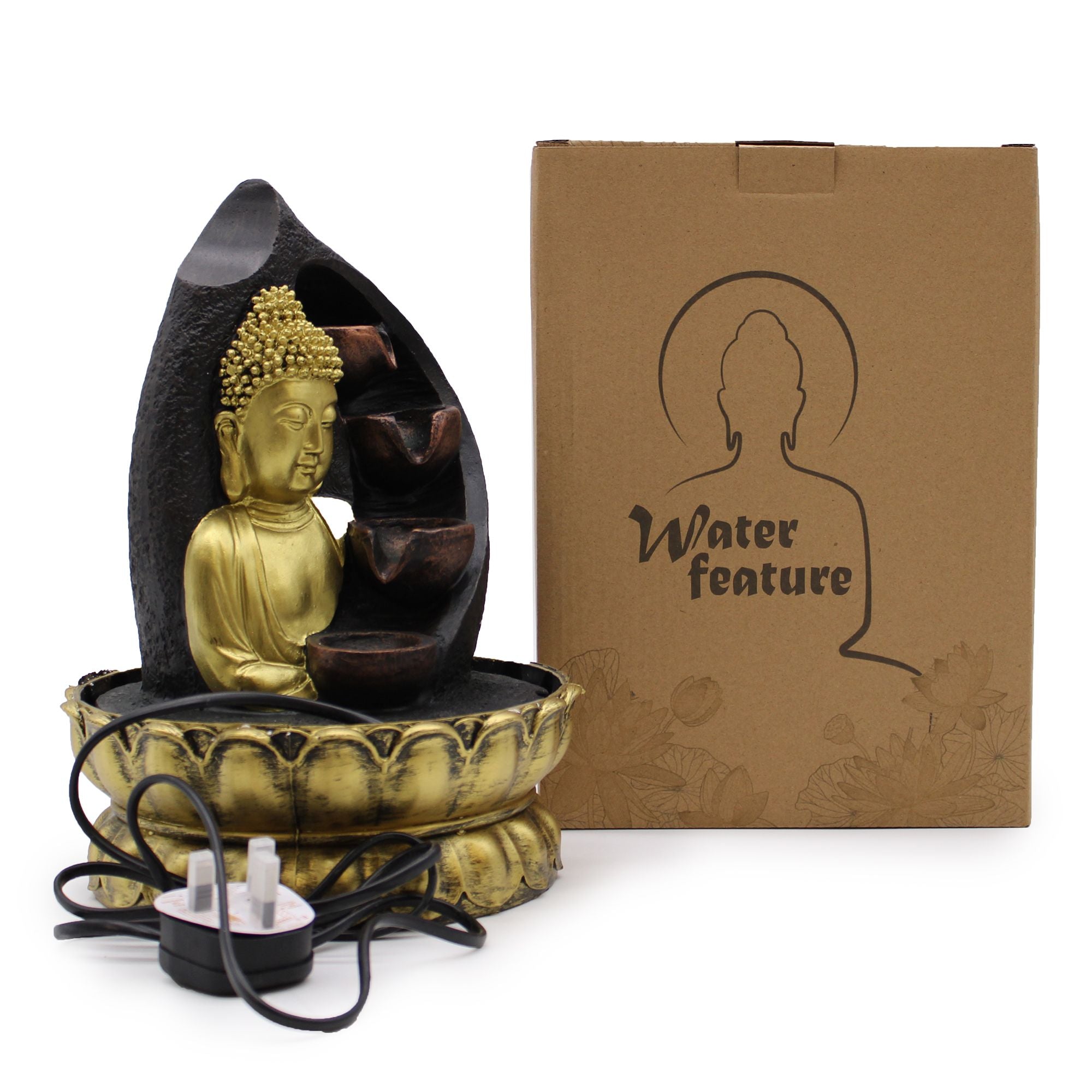Fontaine de Table 30 cm – Bouddha Doré &amp; Pots Verseurs - Karmic Artisan