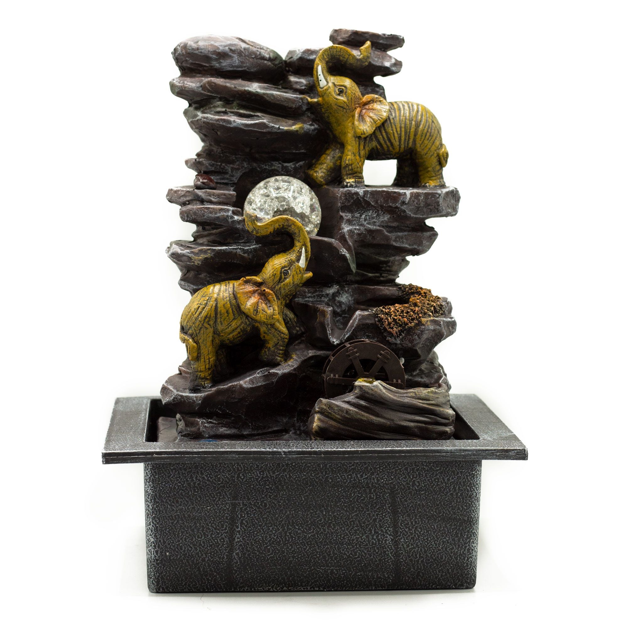 Fontaine de table – 35 cm – Éléphants, boule de cristal et roue à eau - Karmic Artisan