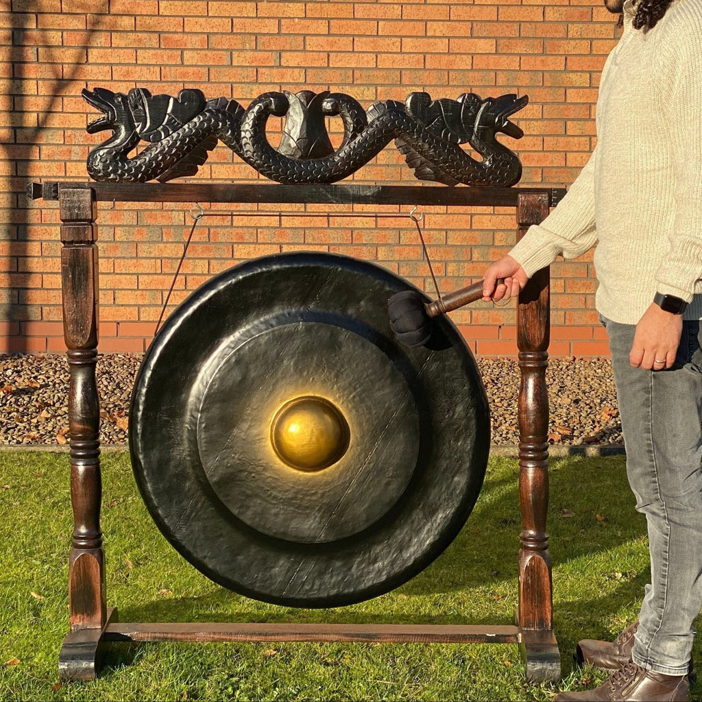 Grand Gong sur support antique brun – 80 cm – Noir - Karmic Artisan