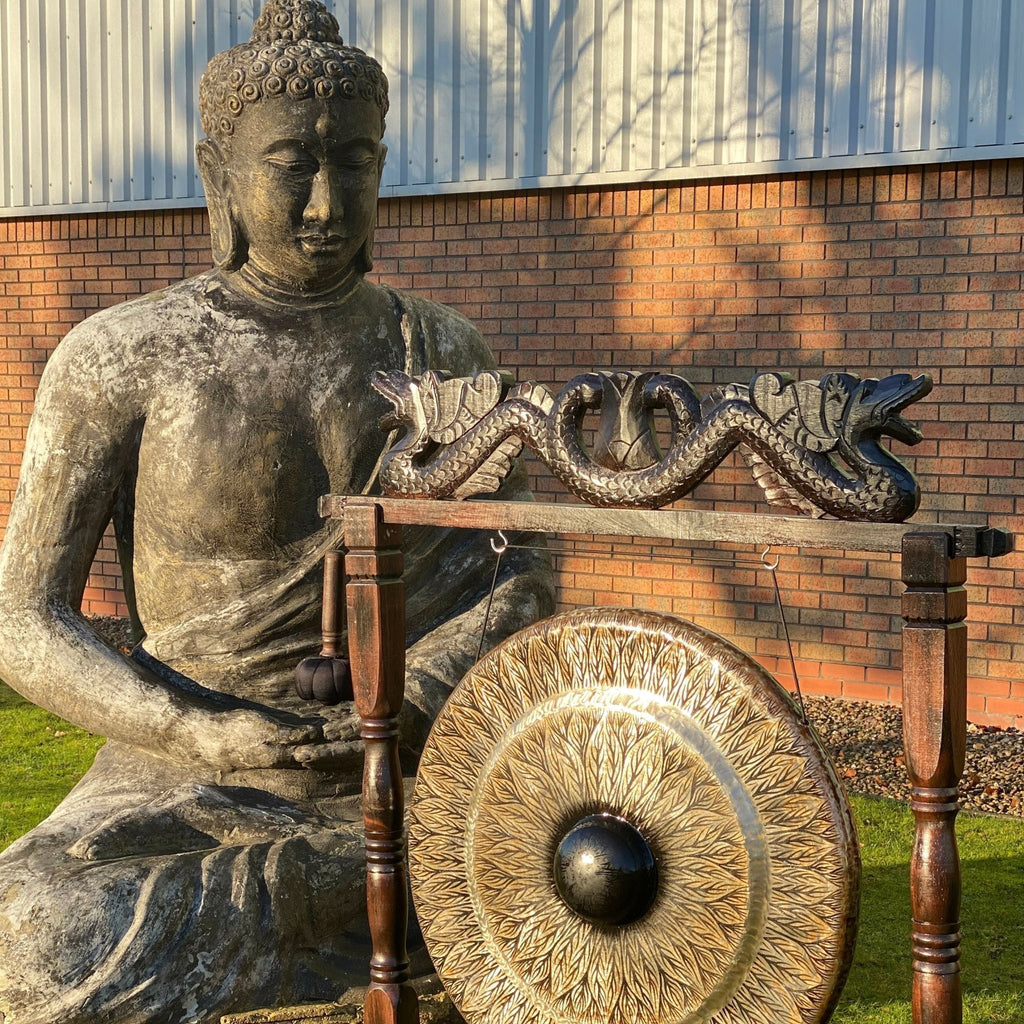 Grand Gong sur support antique brun – 80 cm – Noir – Motif - Karmic Artisan