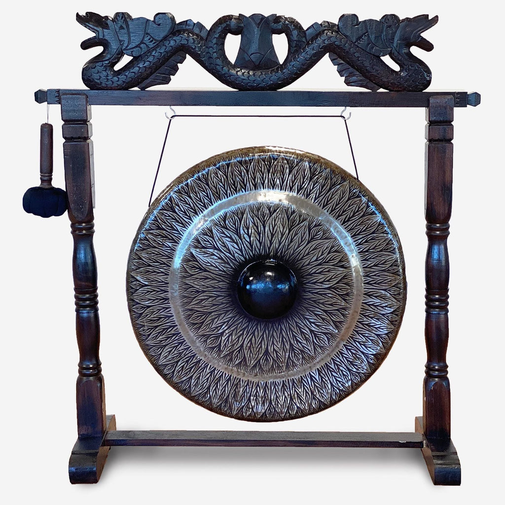 Grand Gong sur support antique brun – 80 cm – Noir – Motif - Karmic Artisan