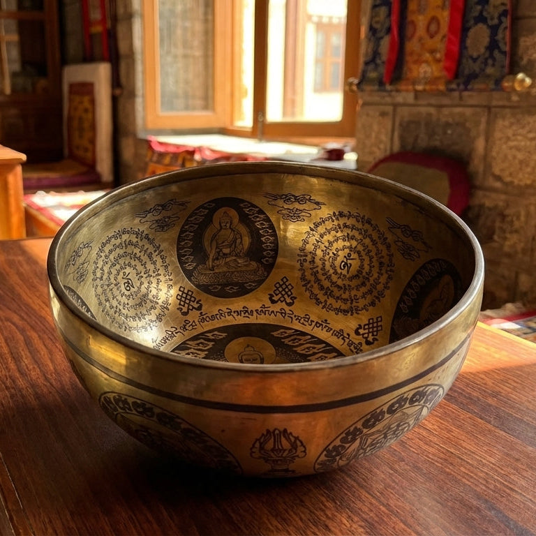 Large Engraved Tibetan Singing Bowl 21 cm – 5 Buddhas – Made in Nepal