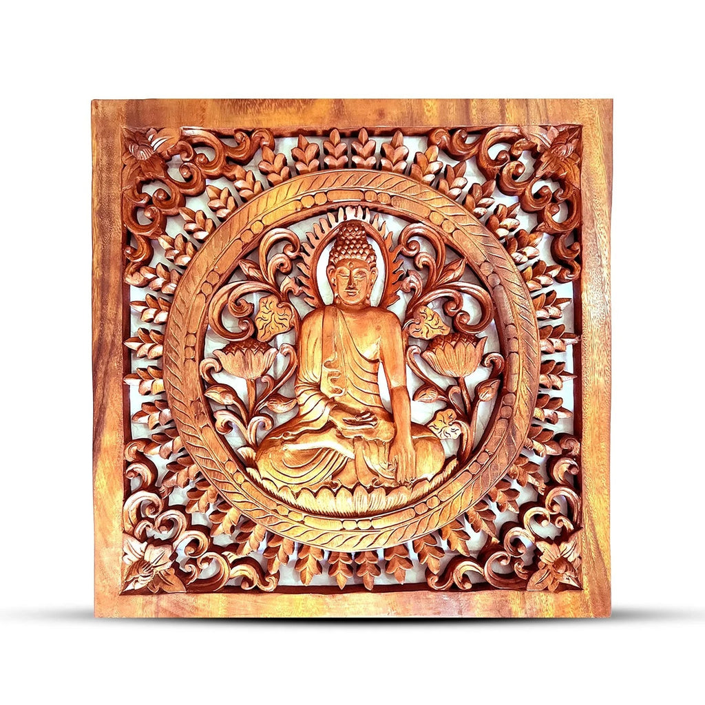 Panneau Mural Bouddha en Bois – 40 × 40 cm - Karmic Artisan