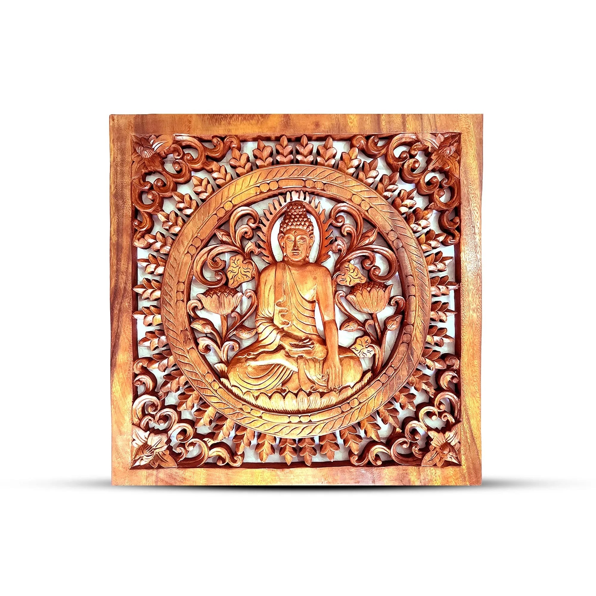 Panneau Mural Bouddha en Bois – 40 × 40 cm - Karmic Artisan