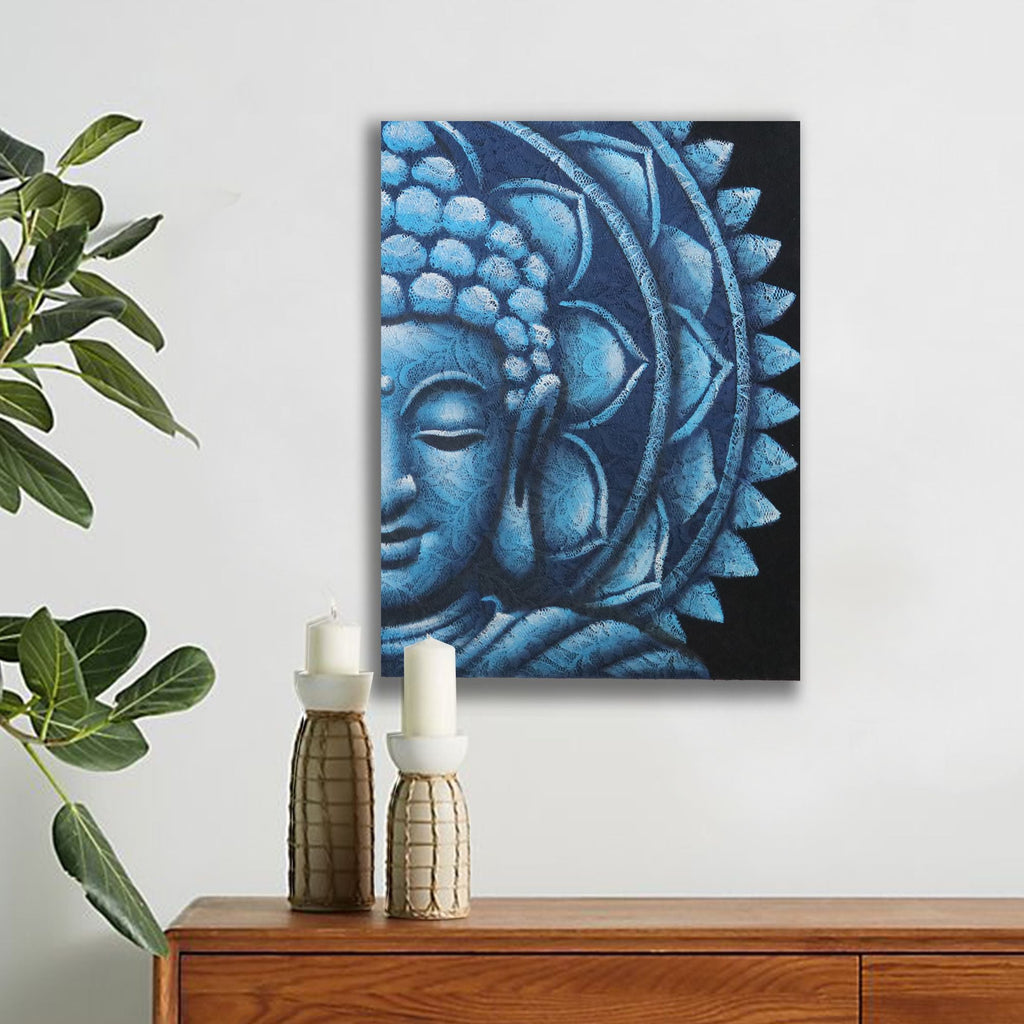 Peinture de Bouddha – Demi - Visage Bleu & Mandala - Karmic Artisan