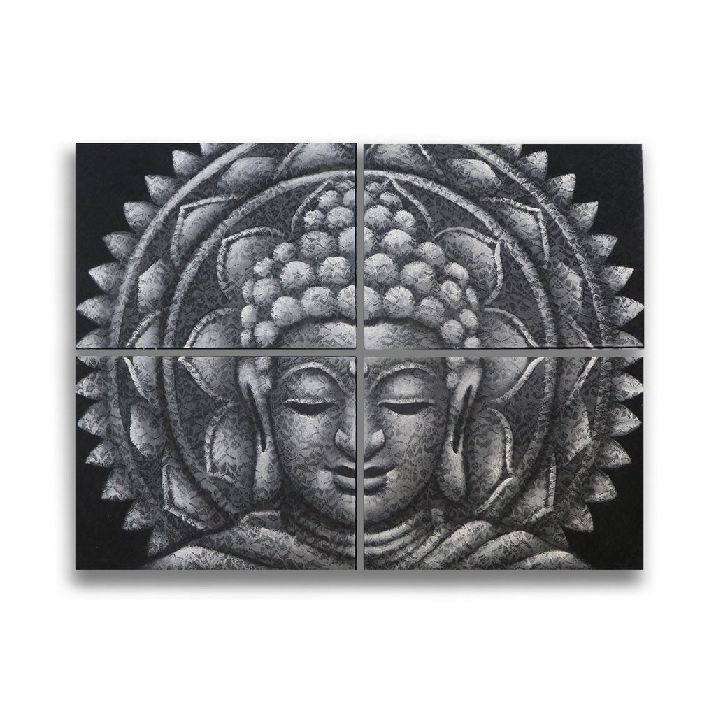 Peinture de Bouddha – Mandala Gris – 4 Panneaux - Karmic Artisan