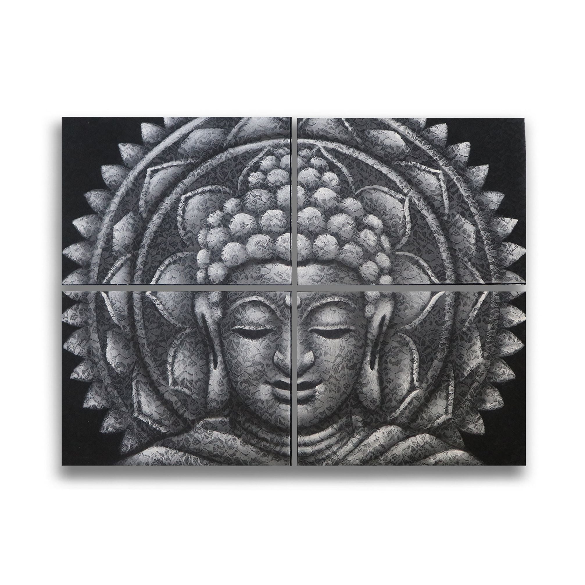 Peinture de Bouddha – Mandala Gris – 4 Panneaux - Karmic Artisan