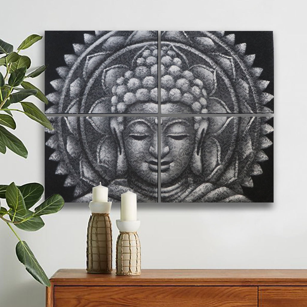 Peinture de Bouddha – Mandala Gris – 4 Panneaux - Karmic Artisan
