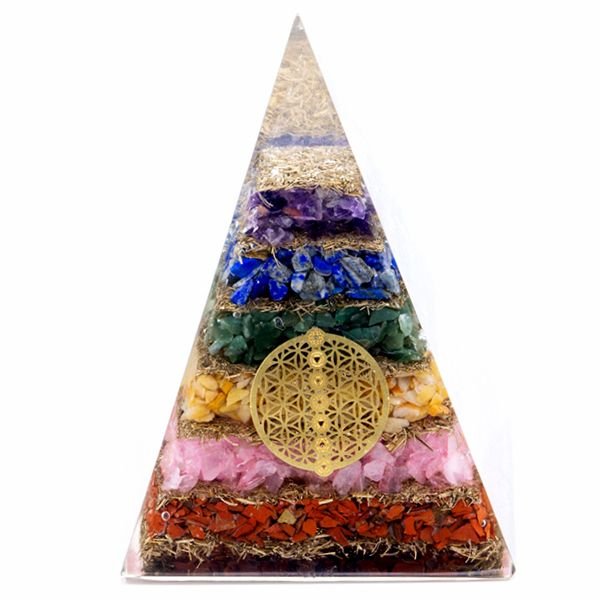 Pyramide d’Orgonite – Fleur de Vie des Sept Chakras – 70 mm - Karmic Artisan