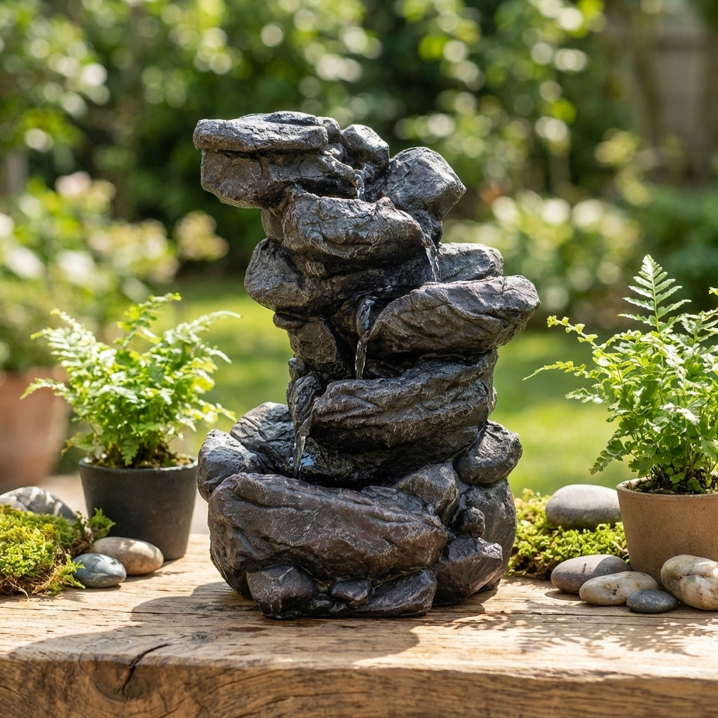Fontaine d'intérieur décorative aspect roche naturelle avec cascade d'eau pour ambiance zen et relaxation - Karmic Artisan