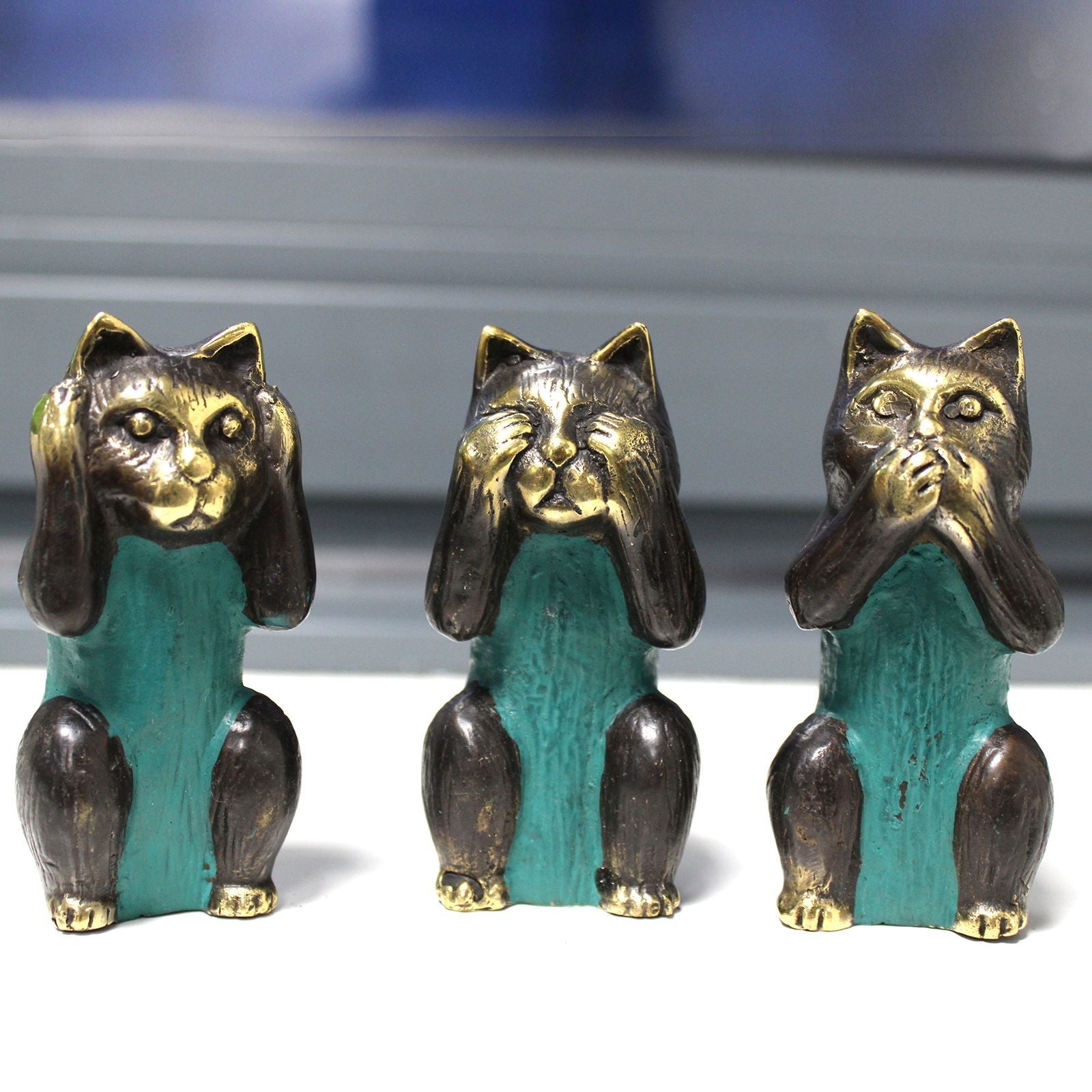 Set de 3 Chats en Laiton – See No Evil, Hear No Evil, Speak No Evil – 7,5 cm - Karmic Artisan
