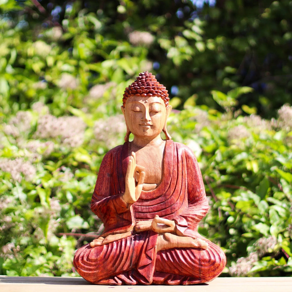 Statue de Bouddha en bois de Suar – 30 cm – Transmission d’enseignement - Karmic Artisan
