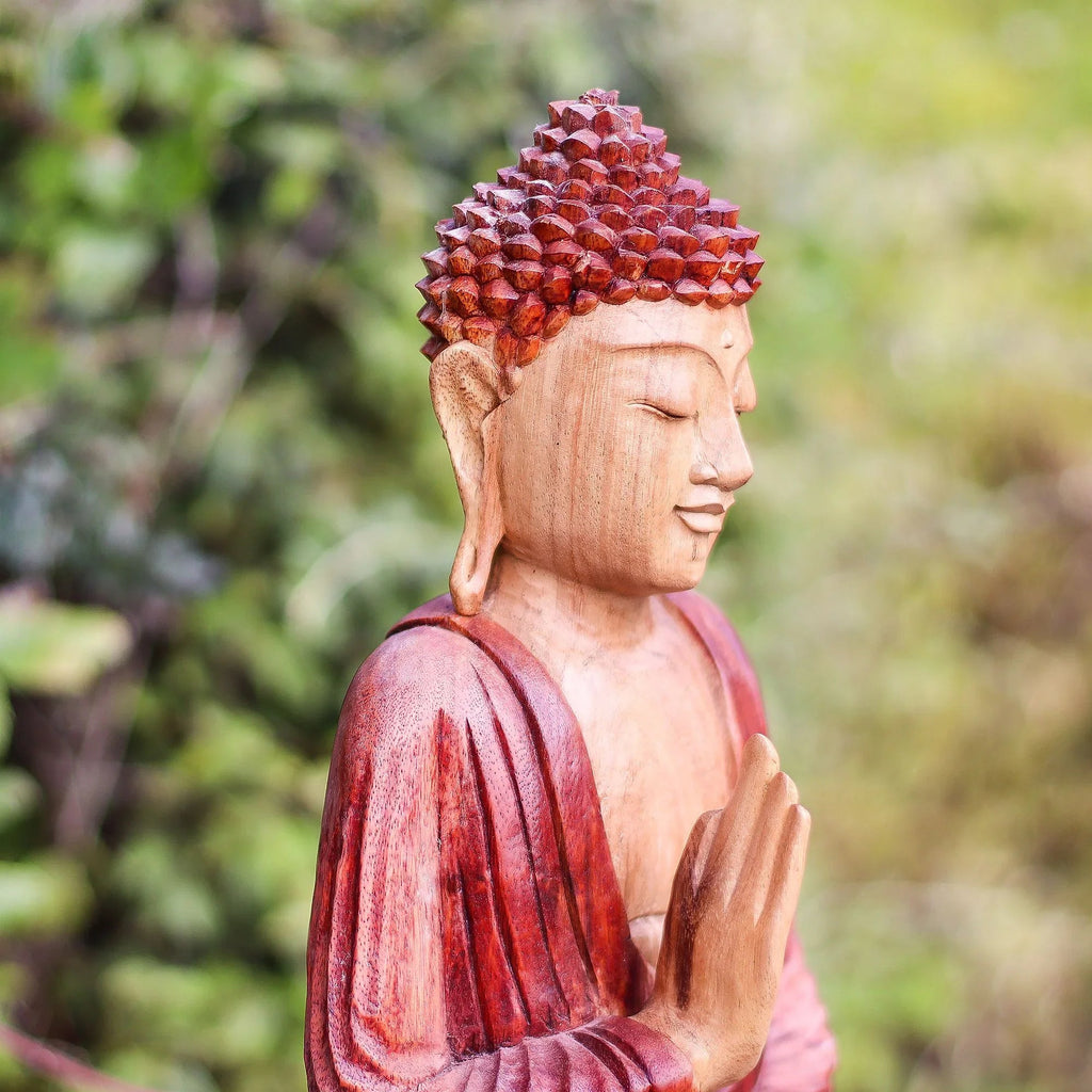 Statue de Bouddha en bois de Suar – 30 cm – Transmission d’enseignement - Karmic Artisan
