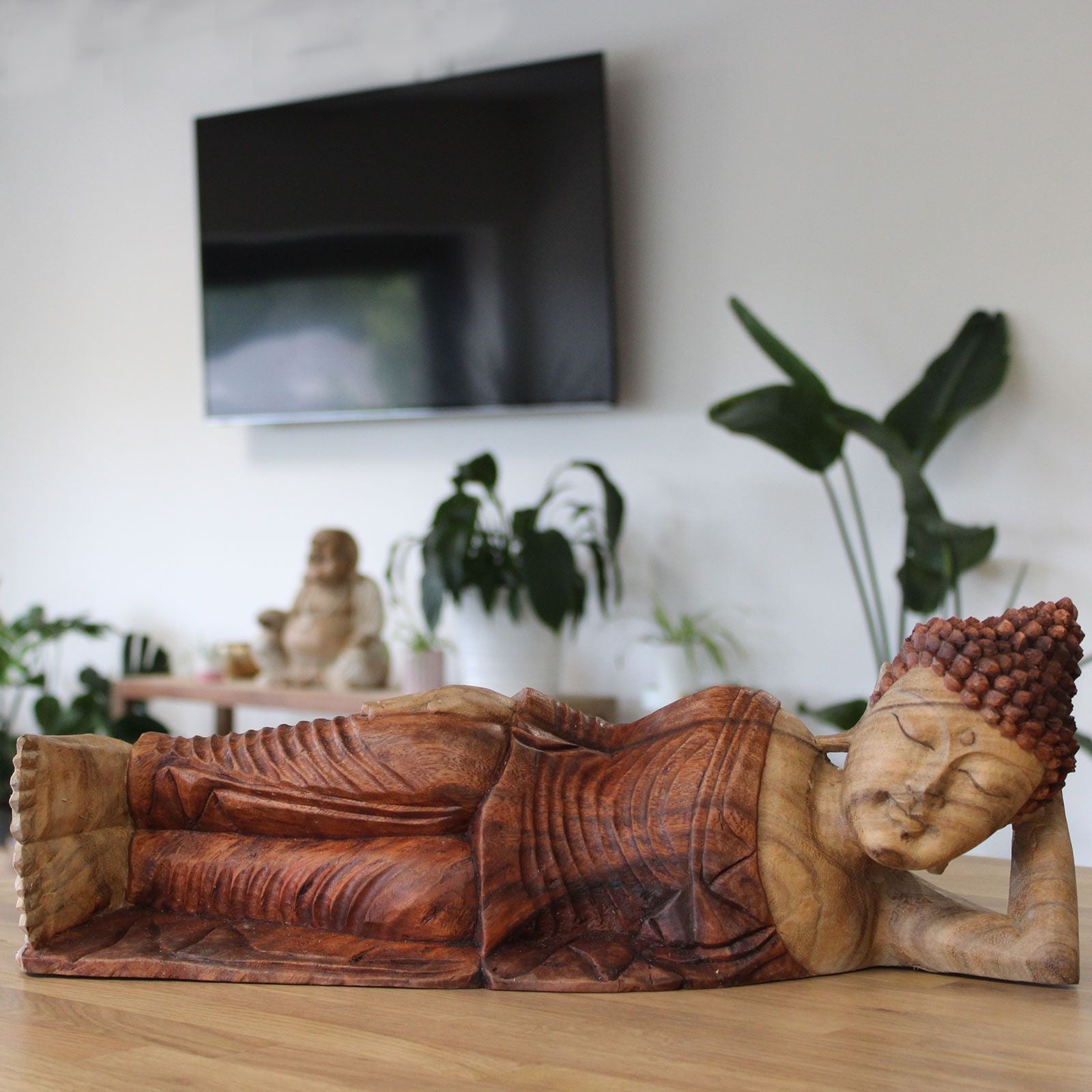 Statue de Bouddha en bois de Suar – 50 cm – Bouddha endormi - Karmic Artisan
