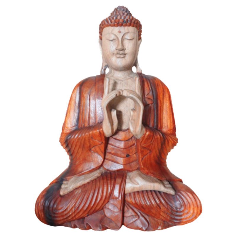 Statue de Bouddha en bois de Suar – 60 cm – Deux mains - Karmic Artisan