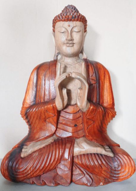 Statue de Bouddha en bois de Suar – 60 cm – Deux mains - Karmic Artisan
