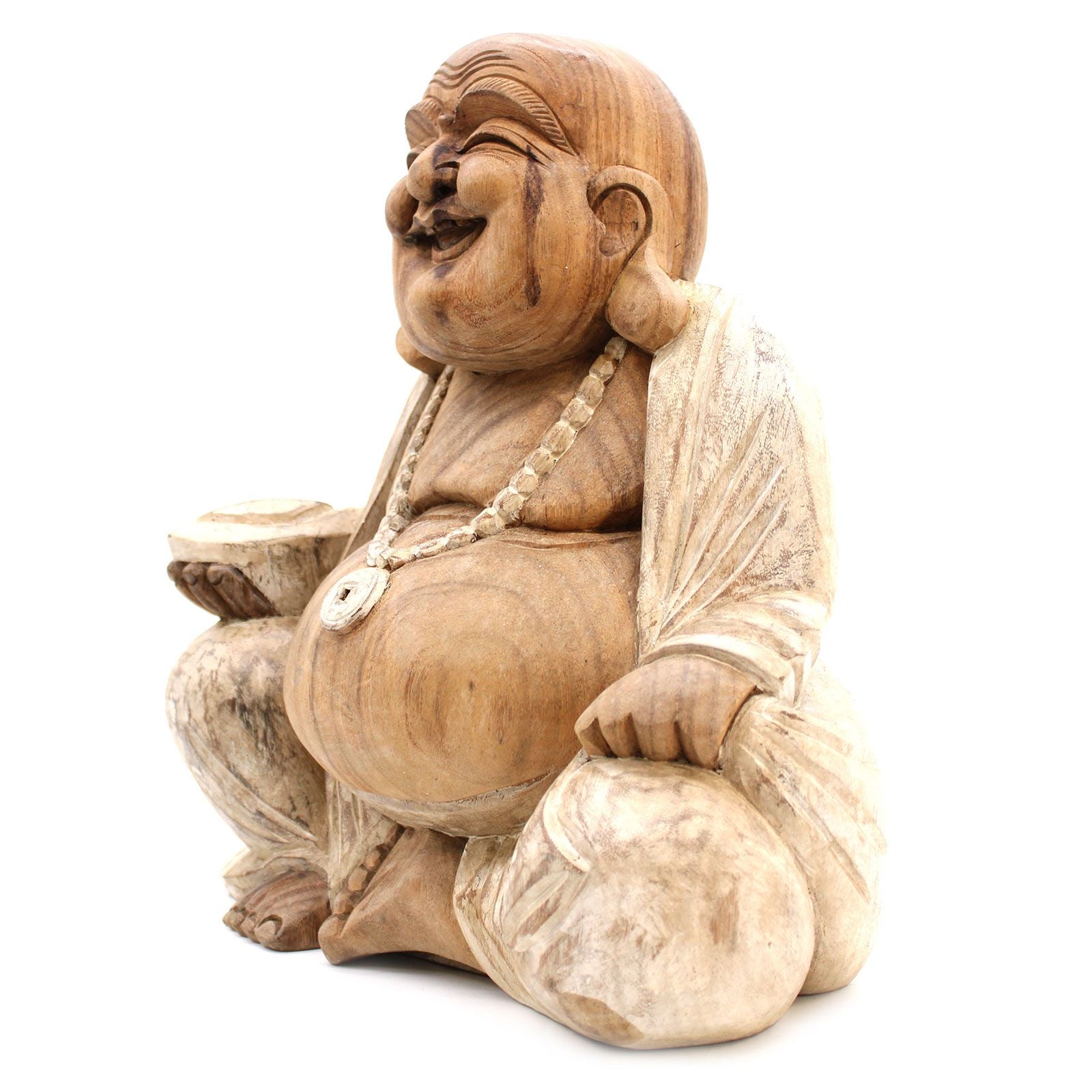 Statue de Bouddha rieur sculptée à la main – 40 cm – Blanchi à la chaux - Karmic Artisan
