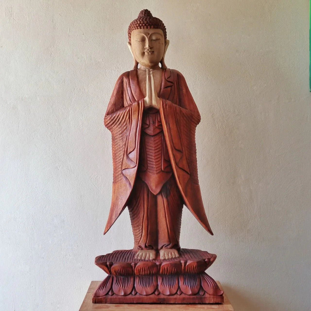 Statue de Bouddha sculptée à la main – 100 cm – Bouddha Namasté - Karmic Artisan