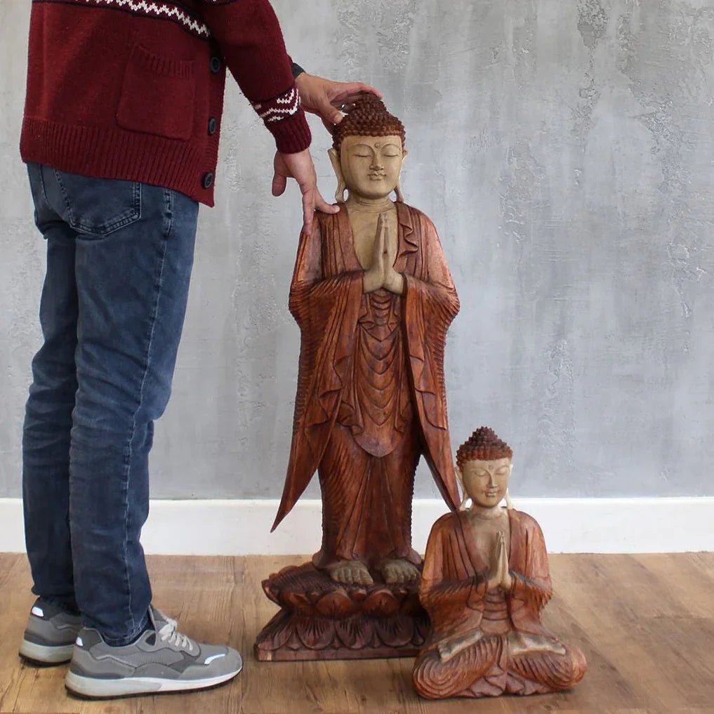 Statue de Bouddha sculptée à la main – 100 cm – Bouddha Namasté - Karmic Artisan