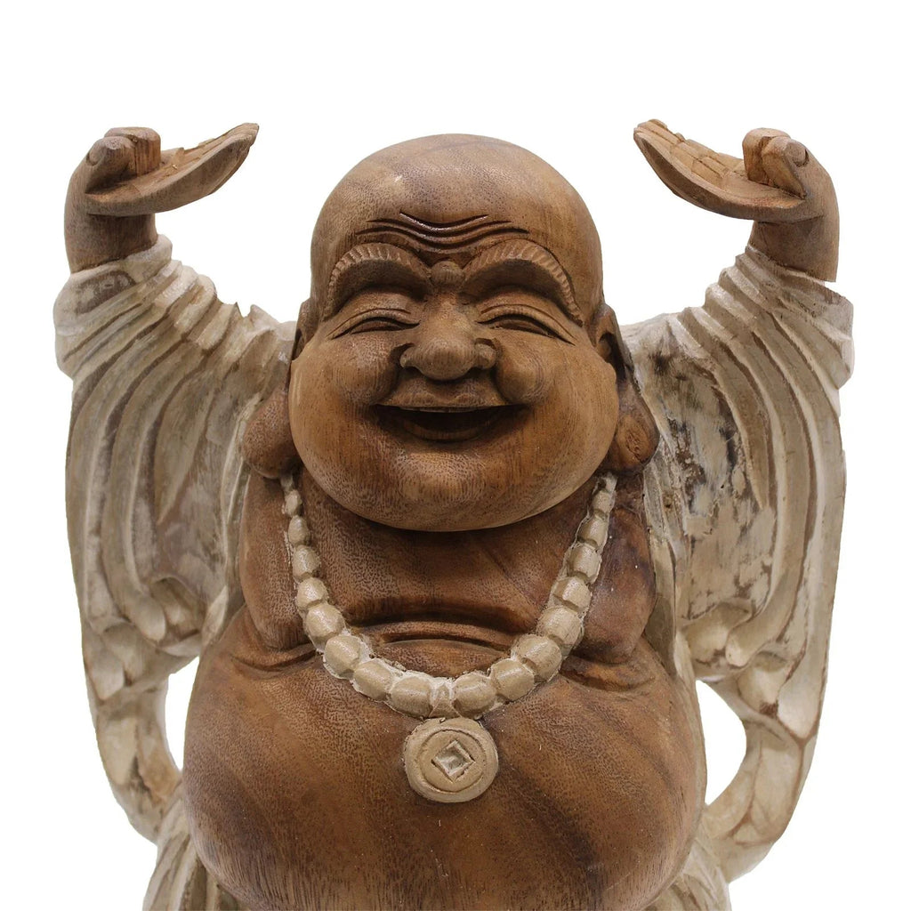 Statue de Bouddha sculptée à la main – 40 cm – Mains levées – Blanchie - Karmic Artisan