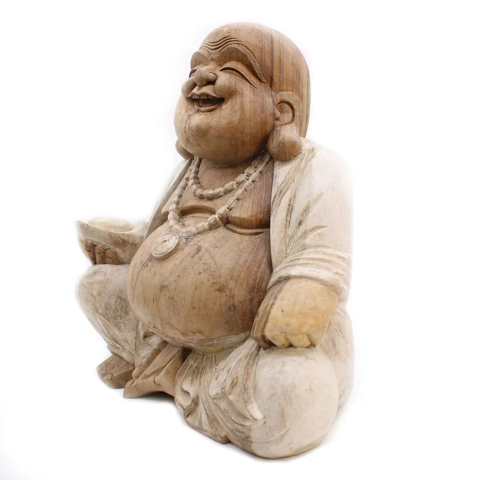 Statue de Bouddha sculptée à la main – 50 cm – Bouddha Rieur – Blanc vieilli - Karmic Artisan