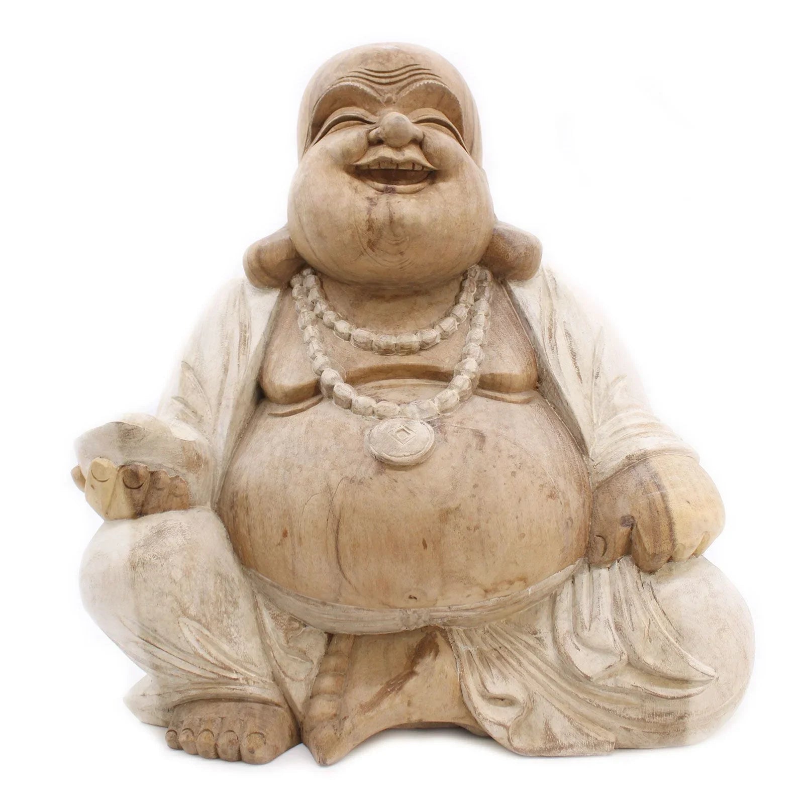 Statue de Bouddha sculptée à la main – 50 cm – Bouddha Rieur – Blanc vieilli - Karmic Artisan