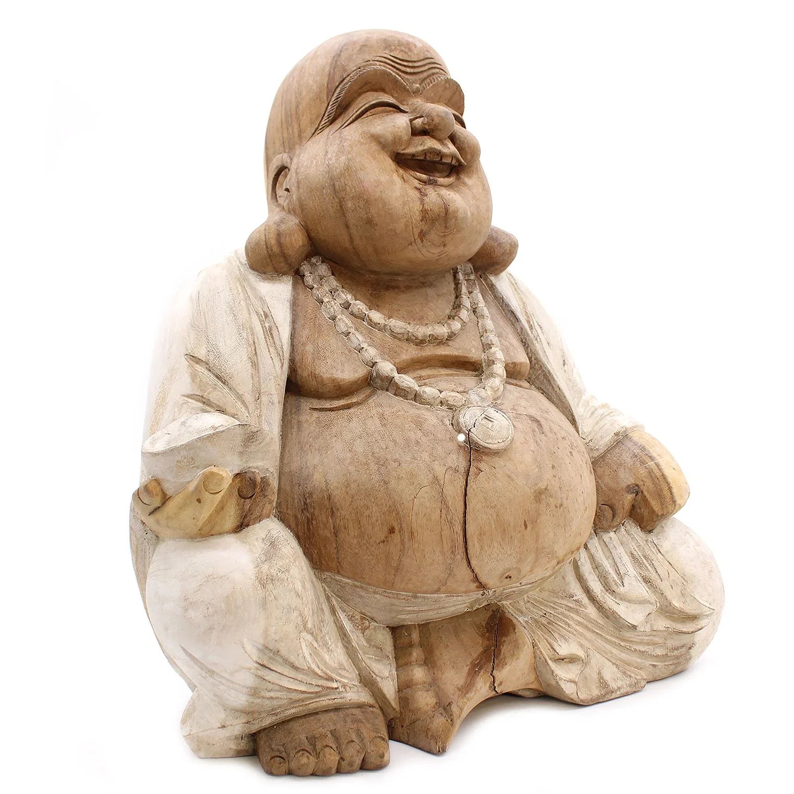 Statue de Bouddha sculptée à la main – 50 cm – Bouddha Rieur – Blanc vieilli - Karmic Artisan