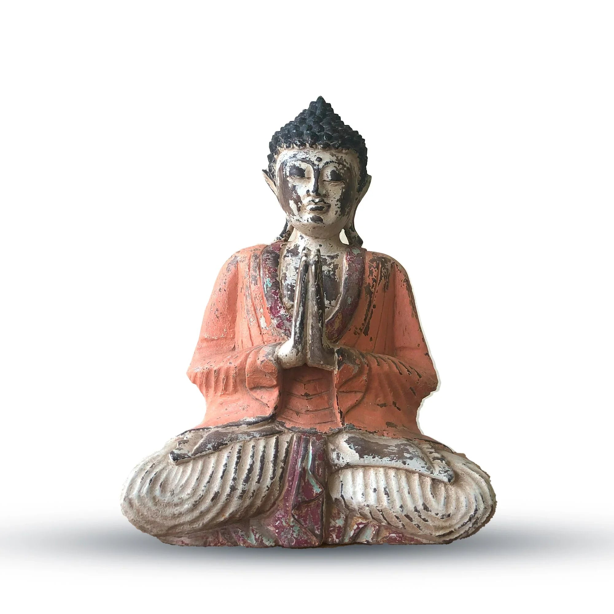 Statue de Bouddha sculptée à la main vintage orange – 30 cm – Bouddha Namasté - Karmic Artisan