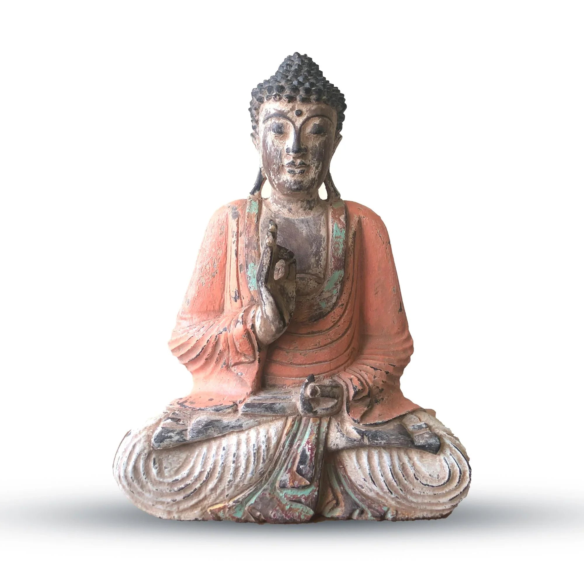 Statue de Bouddha vintage orange sculptée à la main – 40 cm – Transmission d’enseignement - Karmic Artisan