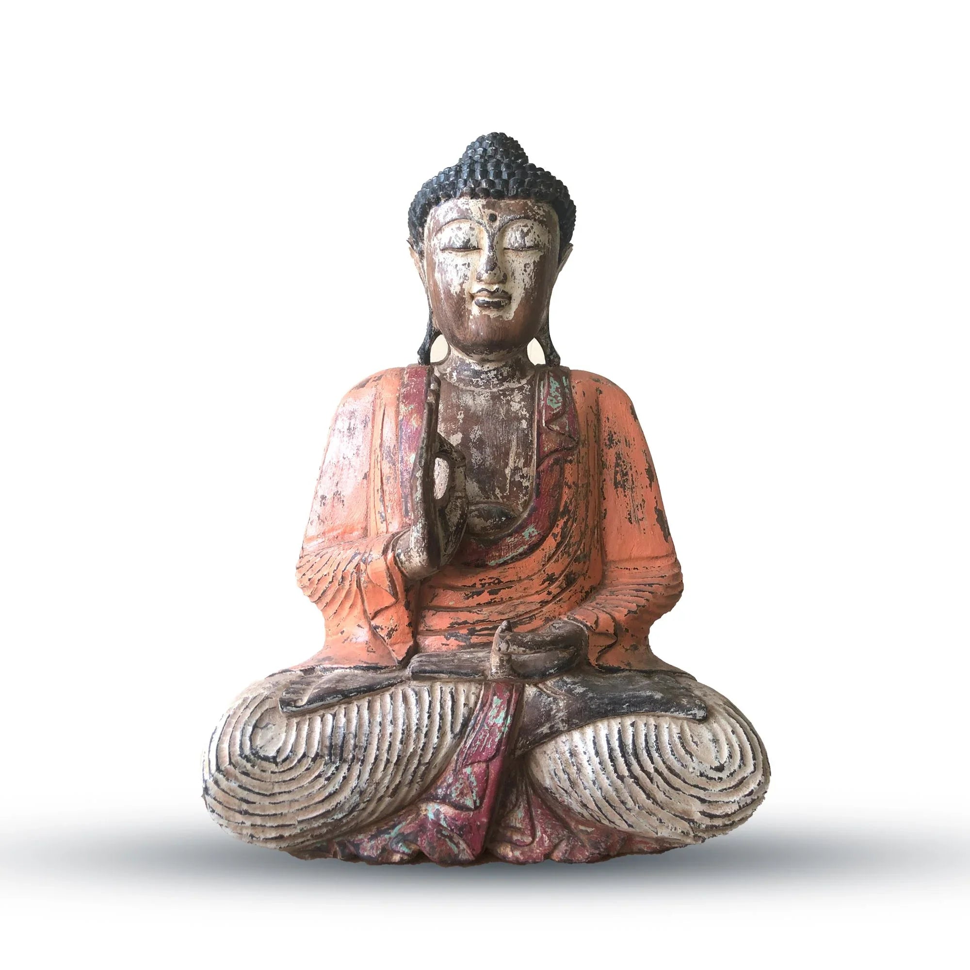 Statue de Bouddha vintage orange sculptée à la main – 60 cm – Transmission d’enseignement - Karmic Artisan