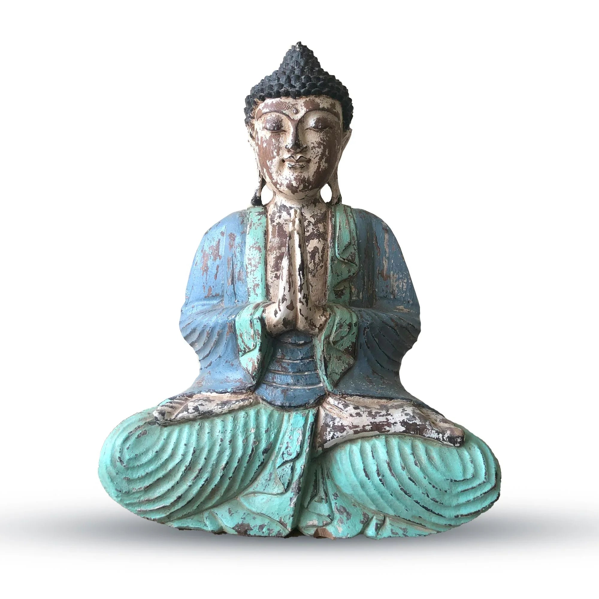Statue de Bouddha vintage sculptée à la main - Bleu menthe - 40 cm - Namasté - Karmic Artisan