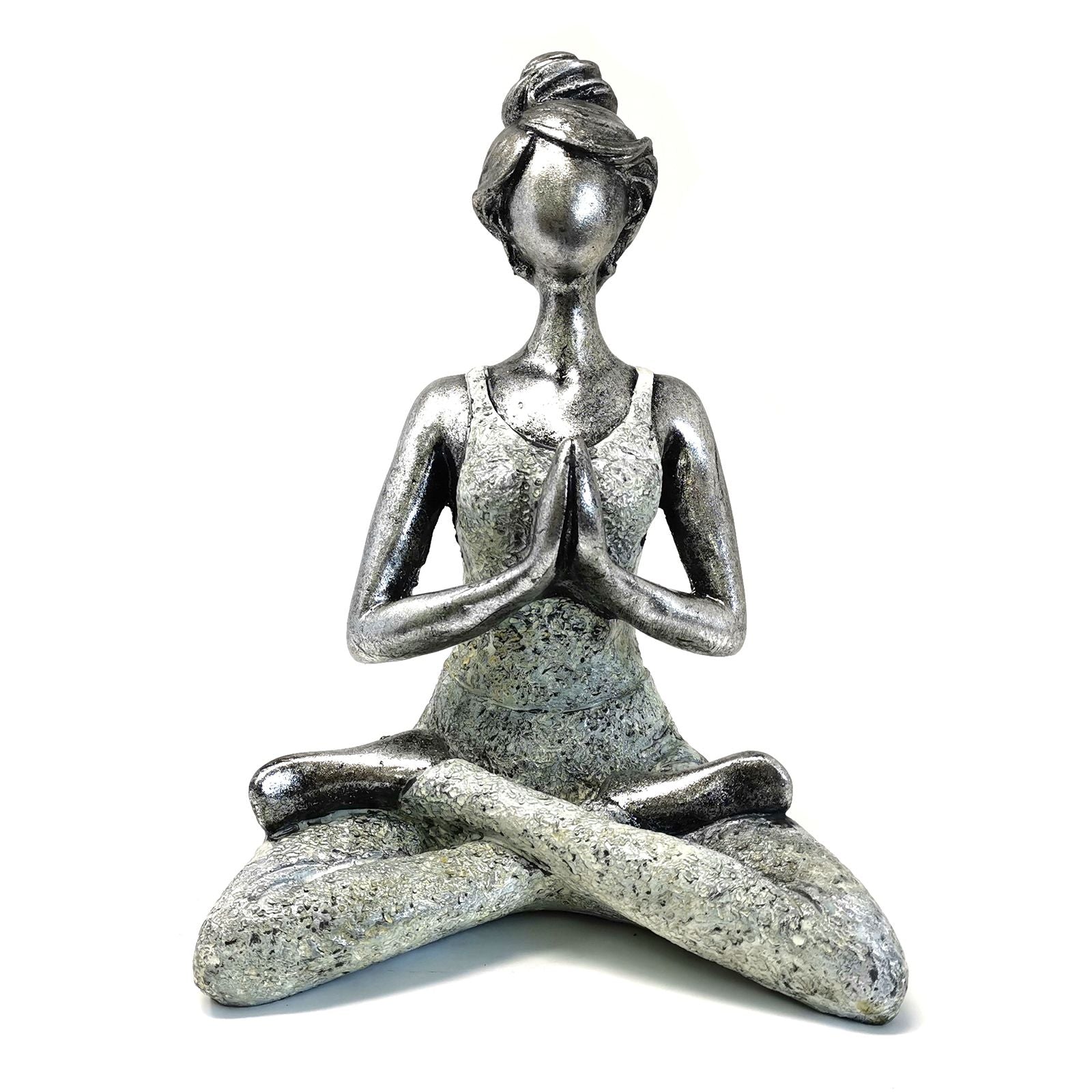 Statue Yoga Femme – Argent & Blanc – 24 cm - Karmic Artisan