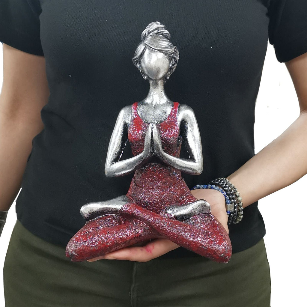 Statue Yoga Femme – Argent & Bordeaux – 24 cm - Karmic Artisan