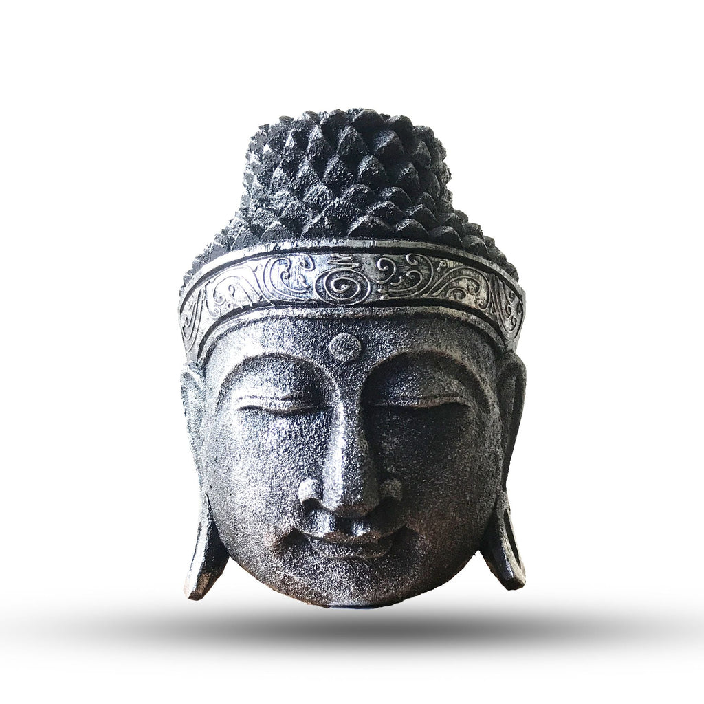 Tête de Bouddha décorative – 25 cm – Finition argentée brillante - Karmic Artisan