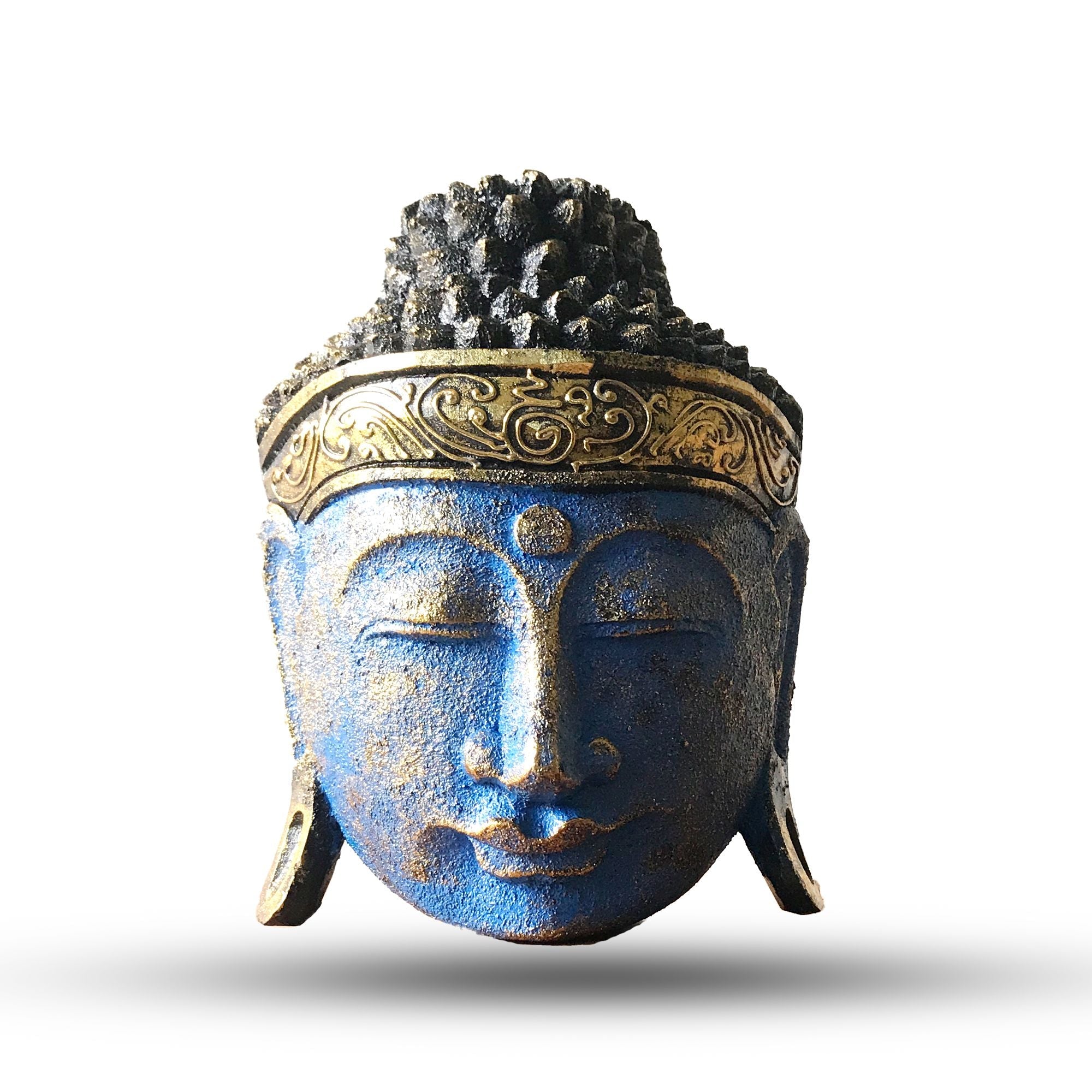 Tête de Bouddha décorative – 25 cm – Finition bleu brillant - Karmic Artisan