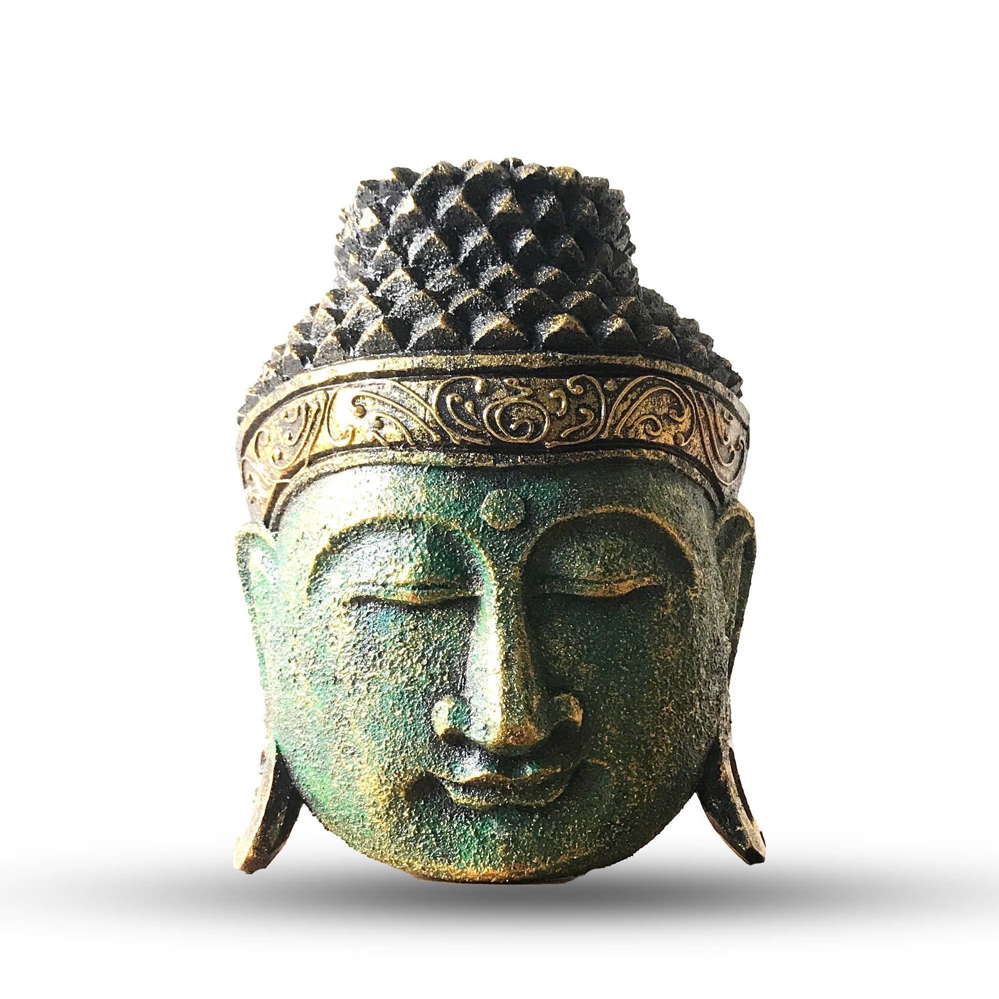 Tête de Bouddha décorative – 25 cm – Finition verte brillante - Karmic Artisan