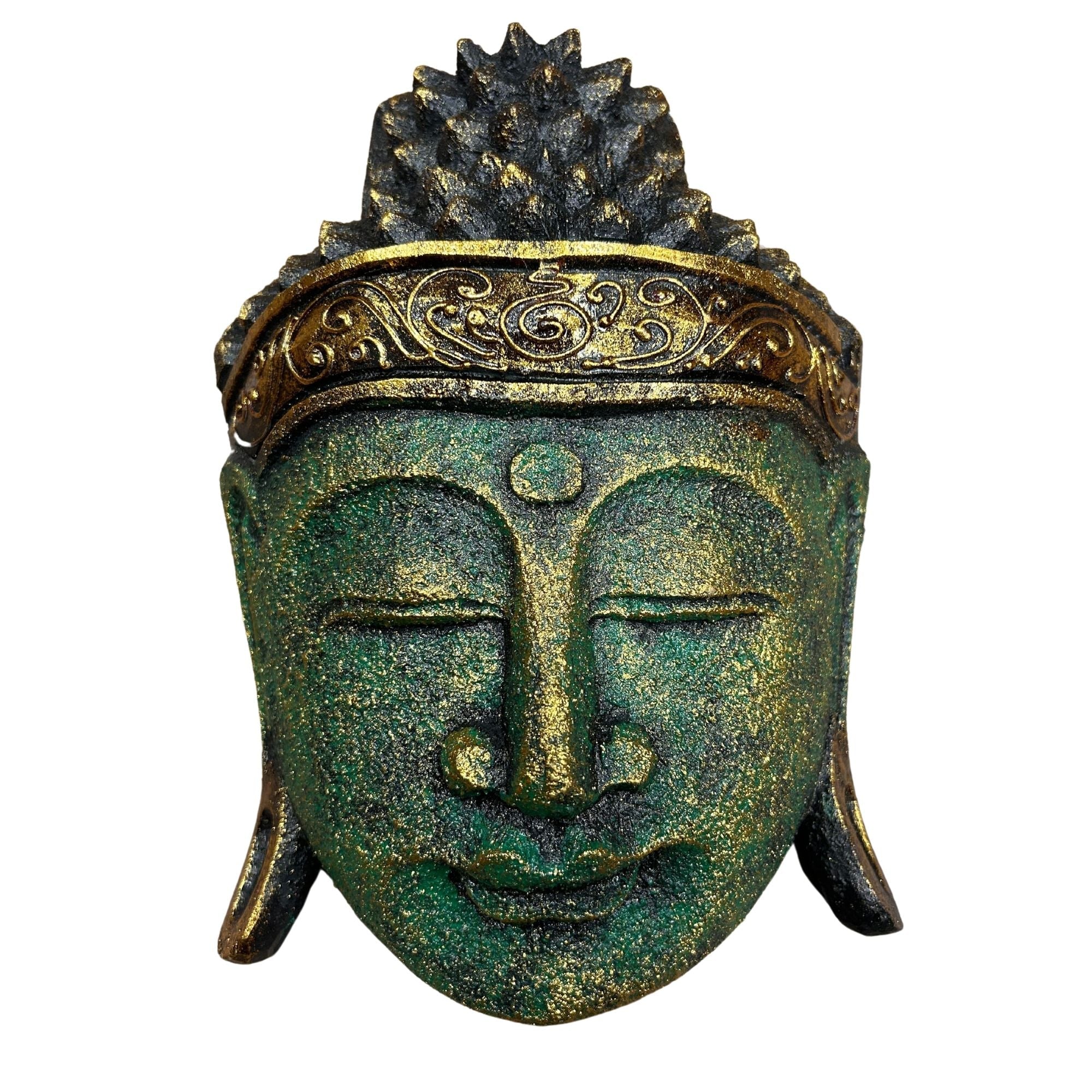 Tête de Bouddha décorative – 25 cm – Finition verte brillante - Karmic Artisan