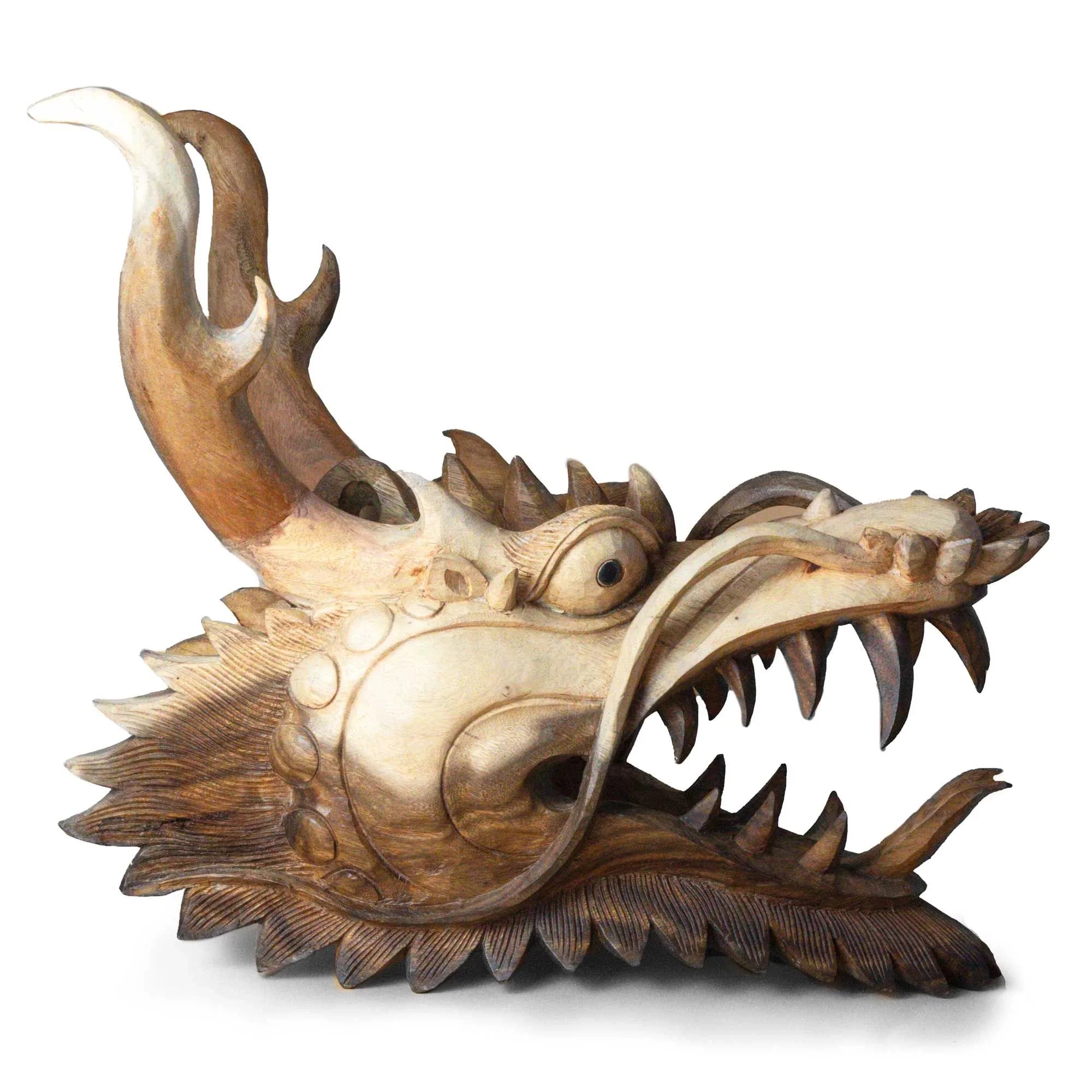 Tête de dragon sculptée à la main en bois de Suar – 40 cm - Karmic Artisan