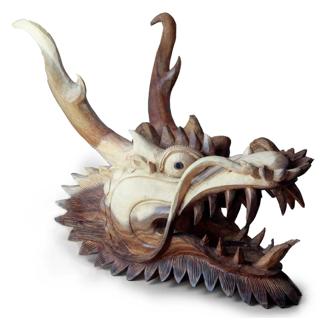 Tête de dragon sculptée à la main en bois de Suar – 40 cm - Karmic Artisan
