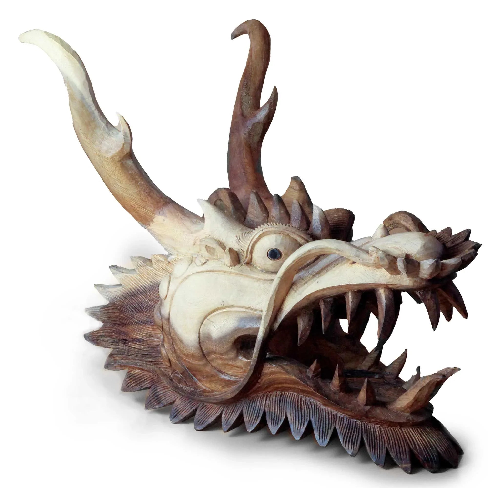 Tête de dragon sculptée à la main en bois de Suar – 40 cm - Karmic Artisan